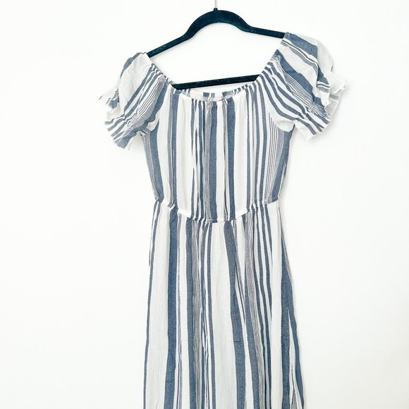 Linen Maxi Dress High Slit w/ Elastic Waistband Blue and White Stripes - Picture 3 of 7